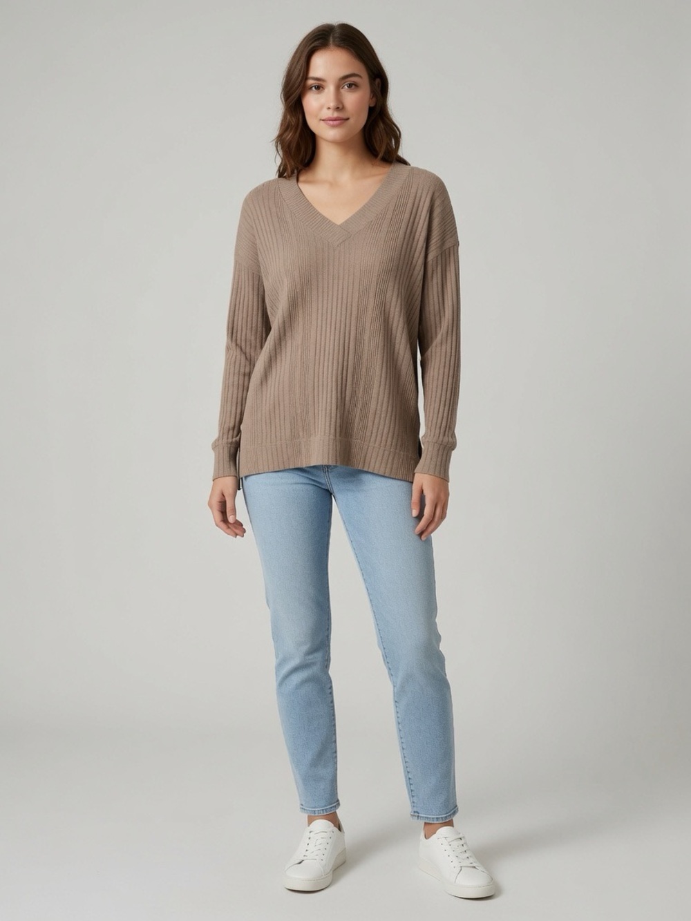 Andrew Marc Taupe Ribbed V-Neck Sweater